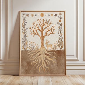 Tree Of Life Illustration Poster | Roots And Deer Print | Nature Botanical Wall Art