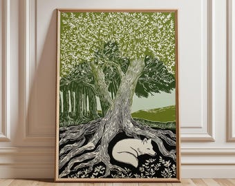 Green Woodland Fox Poster | Tree Root Forest Art Print | Linocut Style Nature Wall Decor