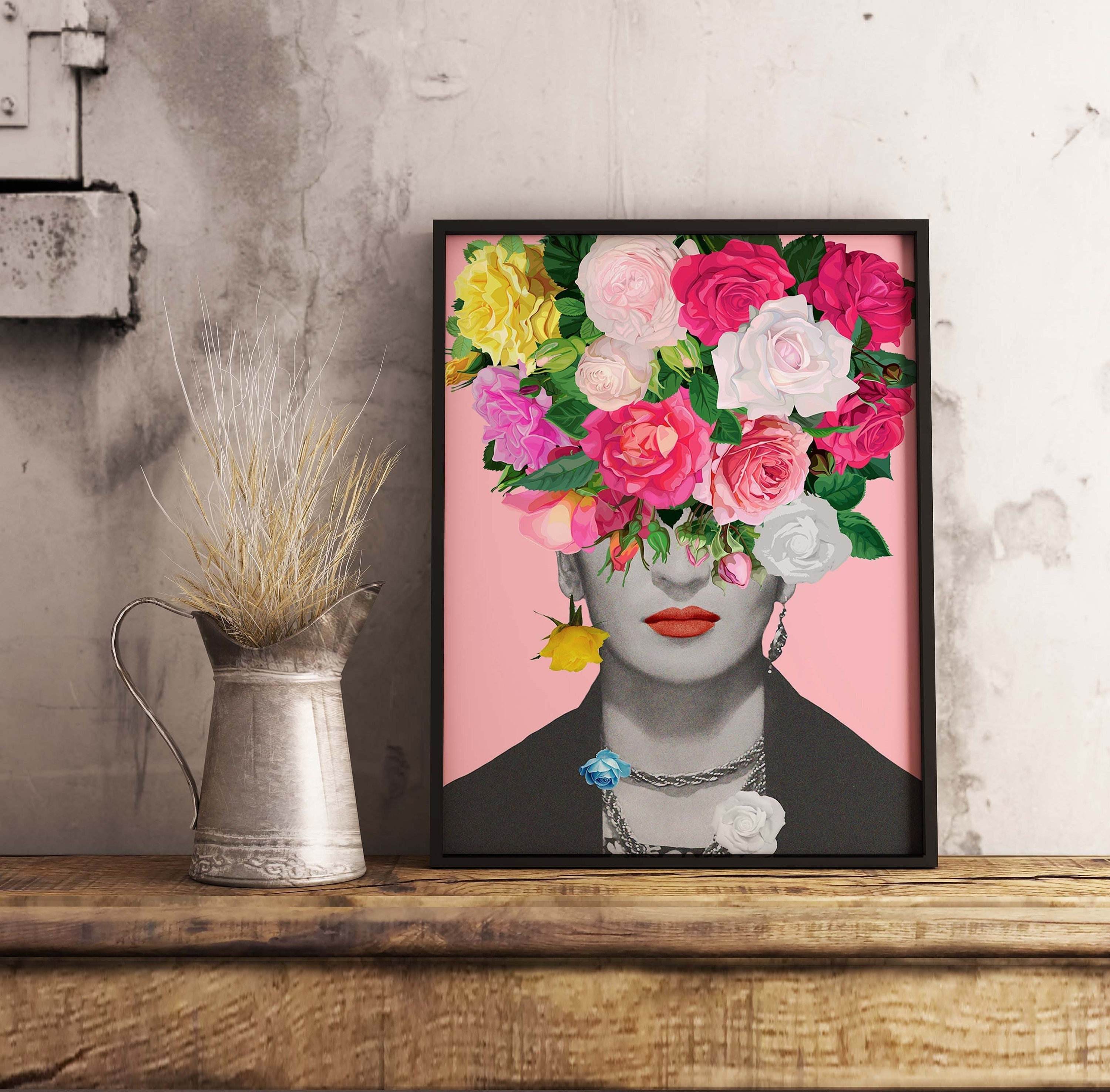 Frida Floral Poster Frida With Roses Modern Art Print Pink Etsy UK