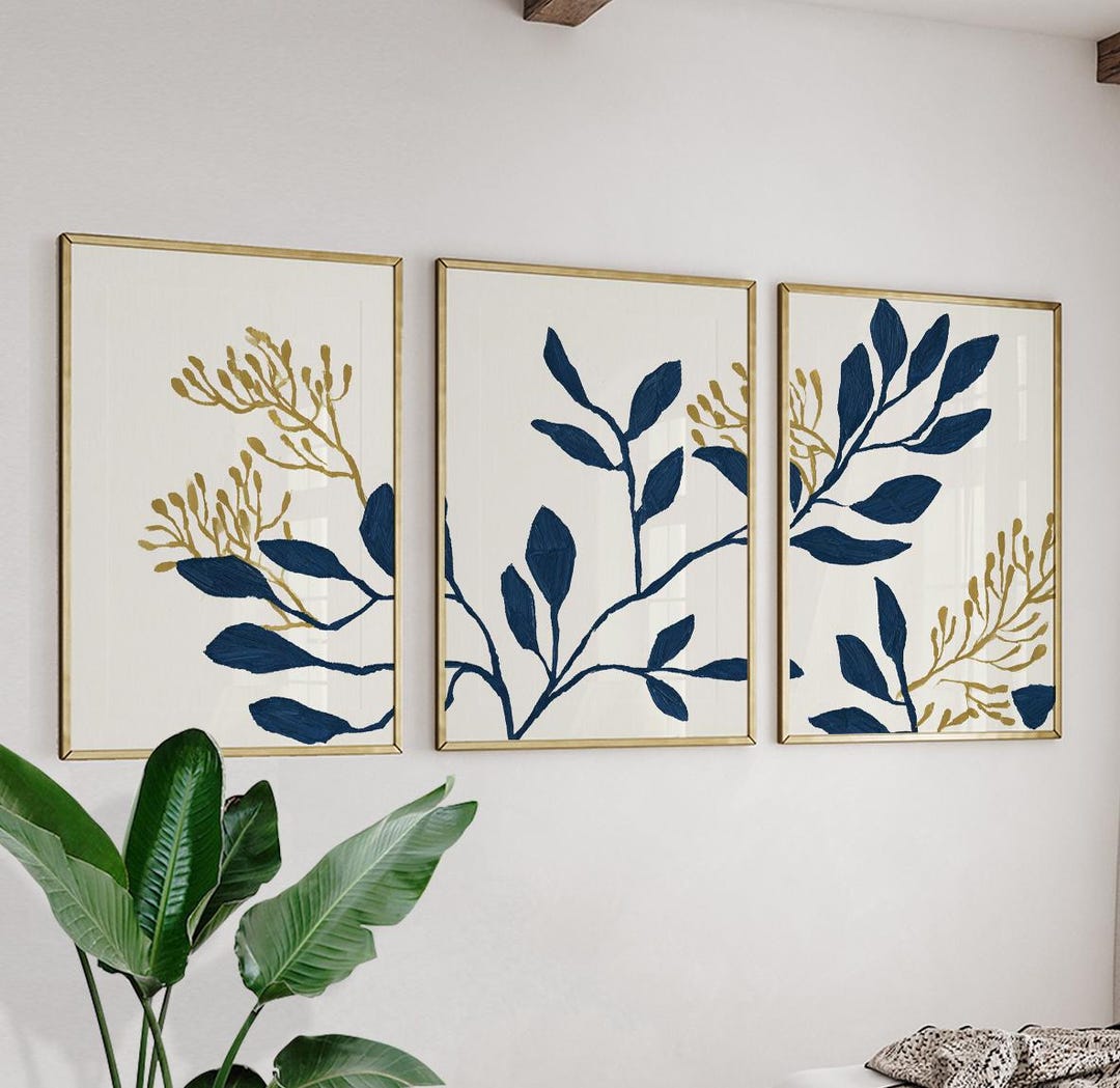 Neutral Botanical Wall Art Set | Blue Leaf Print Set of 3 | Minimalist ...