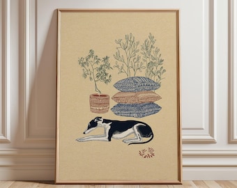 Beige Greyhound Dog Poster | Vintage Botanical Wall Art Print | Minimal Line Illustration