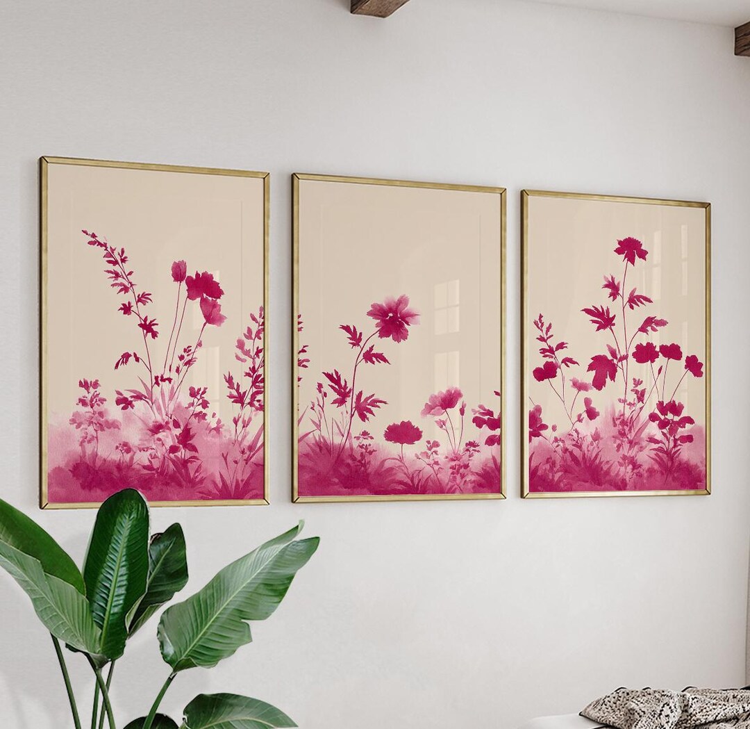 Pink Botanical Poster Set | Minimalist Floral Wall Art | Modern ...