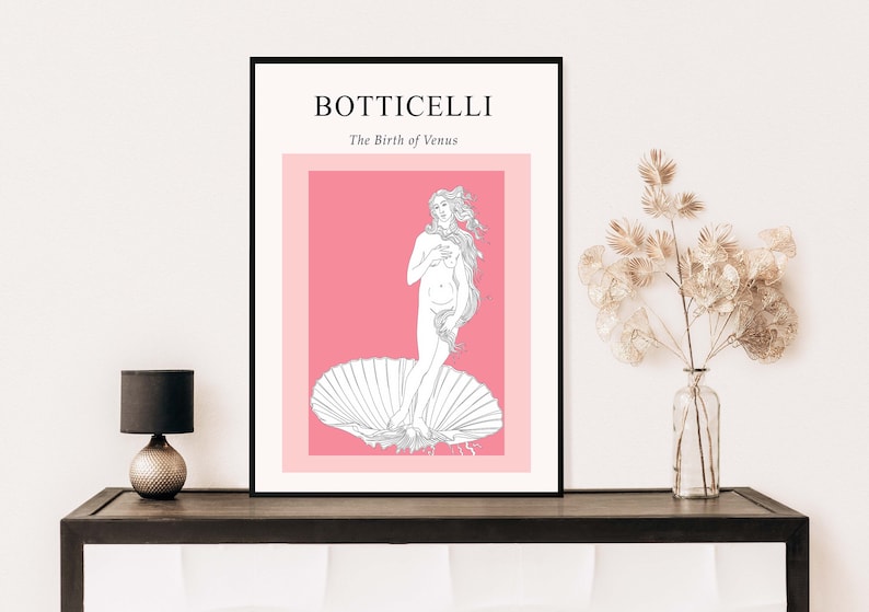Puede incluir: Un dibujo en blanco y negro de la Nacimiento de Venus de Botticelli sobre un fondo rosa. El t&iacute;tulo "Botticelli" y "El Nacimiento de Venus" est&aacute;n impresos en negro en la parte superior de la imagen.