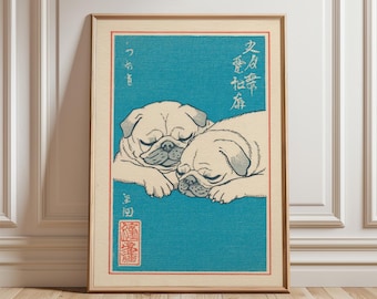 Póster de perro carlino azul / Estilo xilográfico japonés / Animal vintage de pared verde azulado