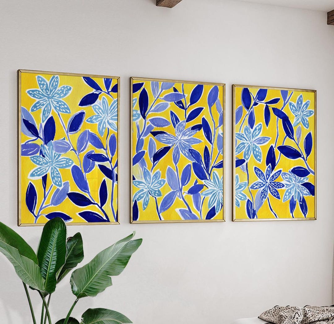 Blue Floral Poster Set | Yellow Botanical Wall Art | Modern Minimalist ...