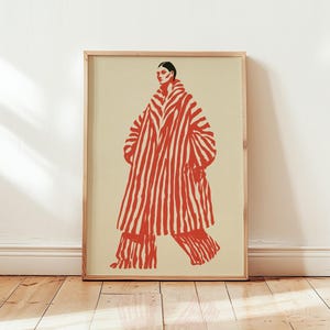 Illustration d'un manteau rouge tendance | Affiche minimaliste portrait de femme | Décoration murale chic | Décoration esthétique et tendance
