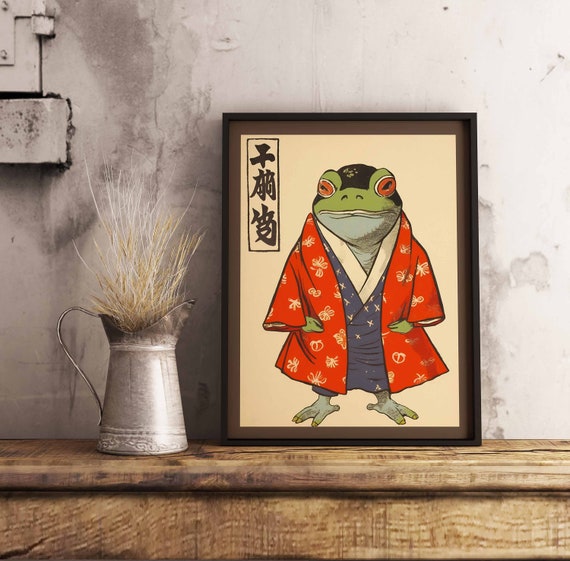 Funny Frog Poster, Vintage Japanese Frog Art, Vintage Frog Print