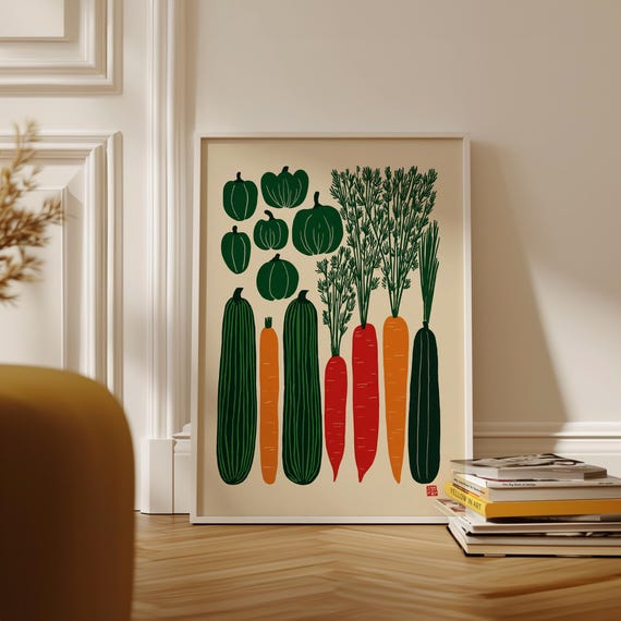 Vertical Garden Vegetable Poster | Retro Linocut Kitchen Wall Art