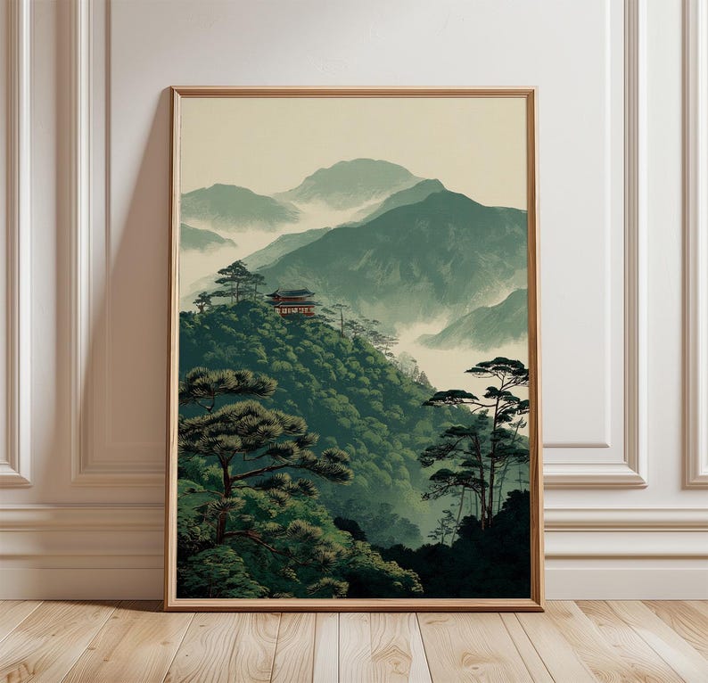 Japanese Mountain Poster, Green Landscape Wall Art, Zen Nature Print ...