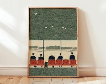 Airport Lounge Poster | Mid Century Travel Illustration | Retro Aviation Scene
