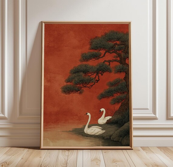 Red Japanese Swan Poster | Pine Tree Lake Art Print | Oriental