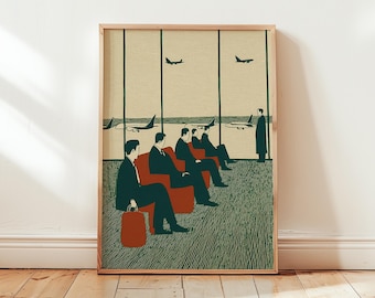 Airport Lounge Poster | Mid Century Travel Illustration | Retro Aviation Scene
