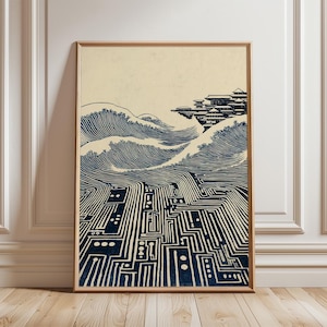 Könnte beinhalten: Gerahmter Kunstdruck mit einem stilisierten japanischen Wellendesign in Marineblau und Creme. Das Kunstwerk zeigt eine traditionelle Szene mit Wellen, einem Gebäude und einem geometrischen Muster, alles in einem Holzrahmen.