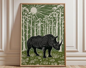 Green Rhino Poster | Black And White Linocut Wildlife Print | Safari Animal Wall Art