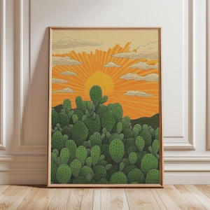 Póster de atardecer con cactus / Lámina de paisaje desértico / Arte mural retro con efecto de rayos de sol