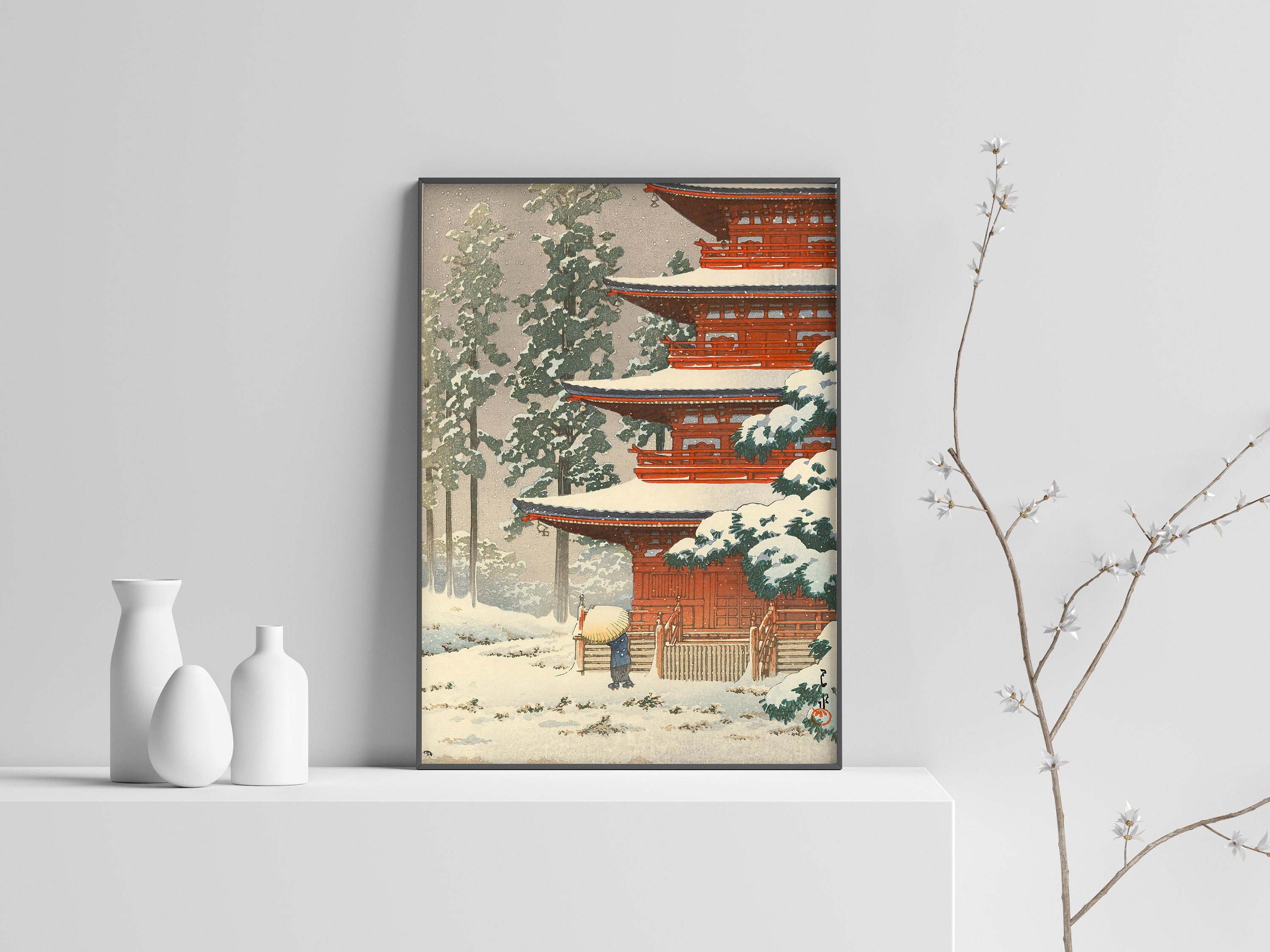 Kawase Hasui Print, Woodblock Print, Saishoin Temple in Snow