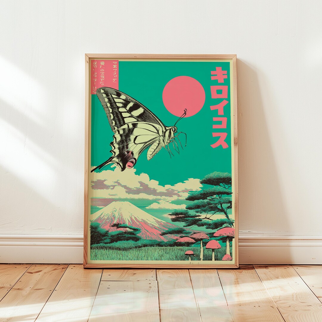 Japanese Butterfly Poster | Retro Fuji Landscape Art | Pink Teal ...