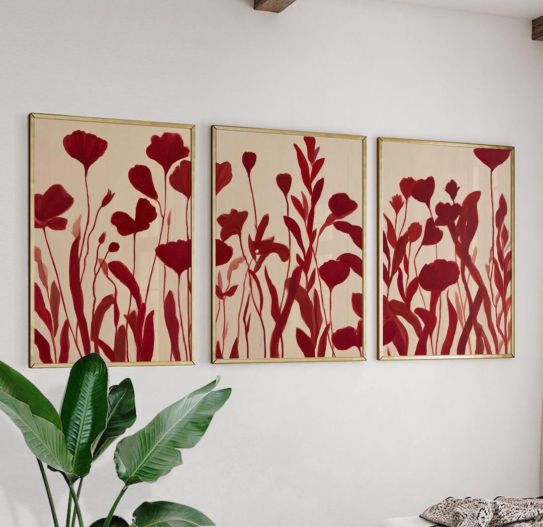 Red Floral Poster Set | Botanical Wall Art Prints | Minimalist Flower ...