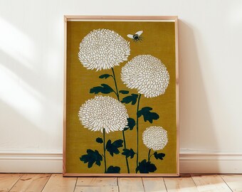 White Chrysanthemum Poster | Japanese Ochre Floral Wall Art | Minimalist Botanical Print