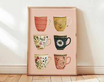 Vintage Teacup Collection Poster | Mismatched Floral Coffee Mugs Wall Art | Shabby Chic Kitchen Paper Print