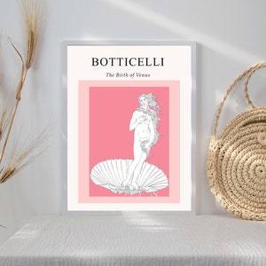 Puede incluir: Una impresi&oacute;n enmarcada de un dibujo a l&iacute;nea del Nacimiento de Venus de Botticelli. La imagen est&aacute; sobre un fondo rosa.