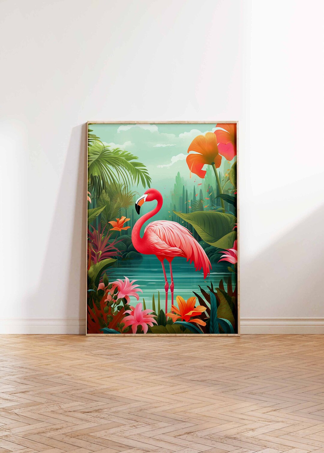 Botanical Tropical Garden Abstract Art Print Pink Flamingo Art Flamingo