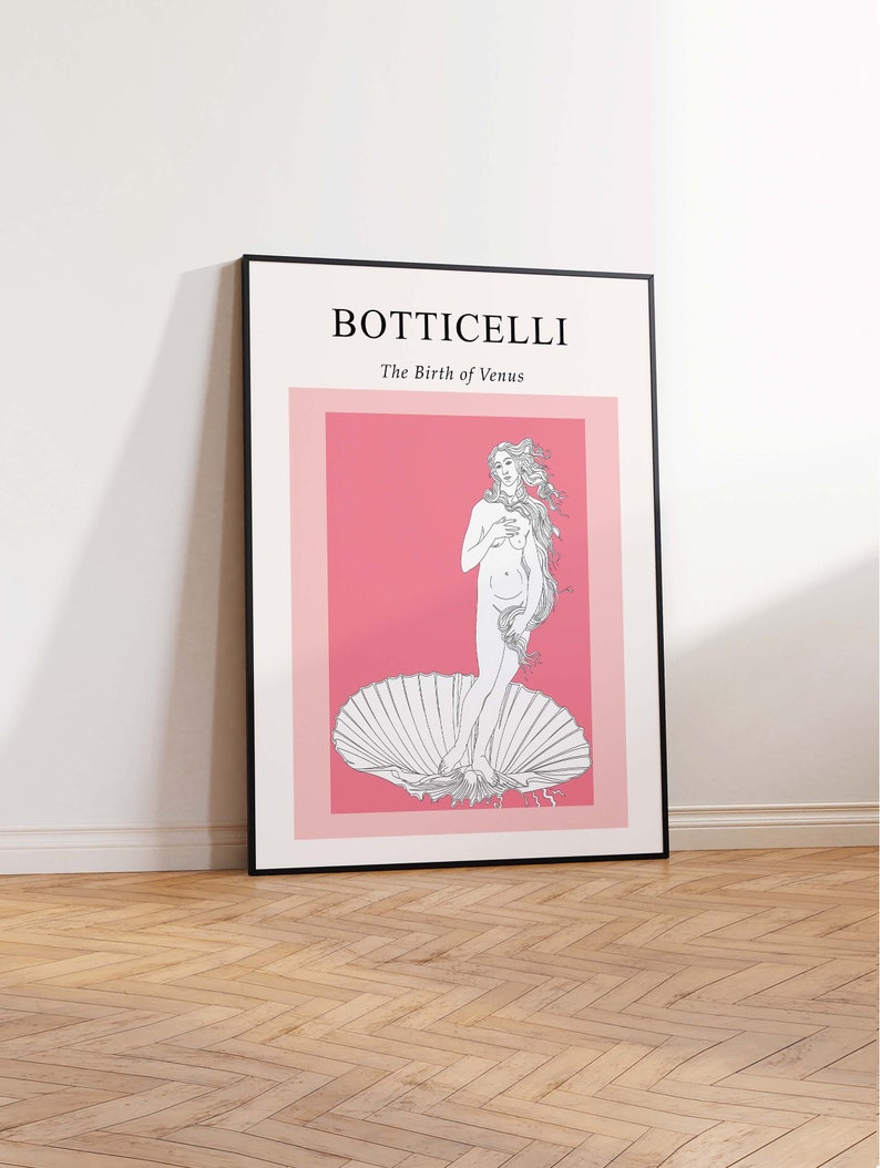 Puede incluir: Un p&oacute;ster enmarcado en negro con fondo rosa que presenta un dibujo lineal del Nacimiento de Venus de Botticelli.