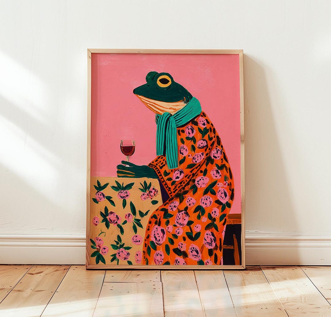 Frog Drinking Wine Poster | Quirky Animal Folk Art Print | Colourful ...