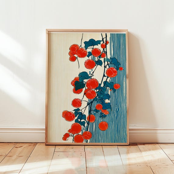 Red Berry Vine Poster | Japanese Woodblock Botanical Illustration