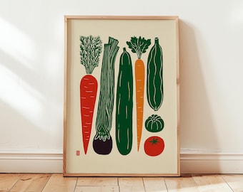 Vertical Garden Vegetable Poster | Retro Linocut Kitchen Wall Art | Minimalist Carrot and Leek Illustration