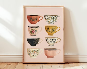 Vintage Teacup Collection Poster | Mismatched Floral Coffee Mugs Wall Art | Shabby Chic Kitchen Paper Print