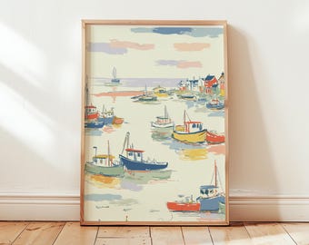 Pastel Fishing Harbor Poster | Coastal Boat Wall Art | Nautical Paper Decor | Seaside Town Print