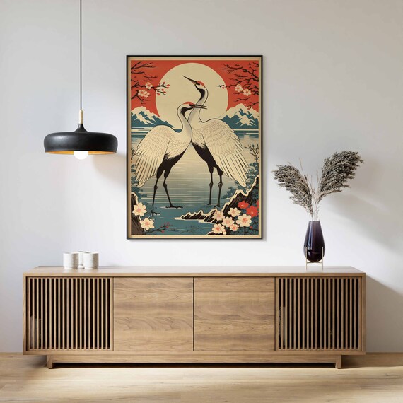 【希少】額付き 助田茂蔵 版画 カラスウリ Cranes Art Print, Japanese Art Print, Japanese Cranes Poster