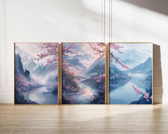 Landschaftsillustrationen 3er-Set Japanische Wandkunst Drucke Japanische Kunst Poster Japandi Dekor Bergwandkunst Minimalistische Wandkunst Wohnkultur