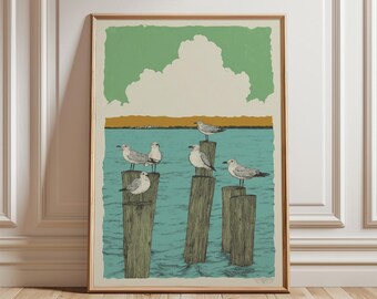 Seagull Poster, Coastal Bird Print, Paper Wall Art