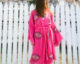 Kimono largo para mujer / Kaftán rosa con ojo turco / Cubrebaño de algodón / Cárdigan largo fucsia con cinturón, regalo de vacaciones