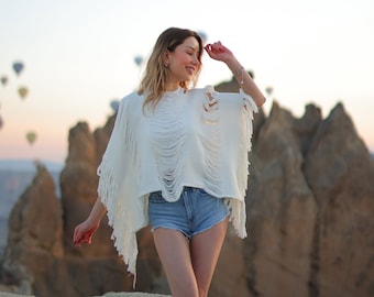 Festival Kimono Cover Up | Fringe Poncho Top for Women | Cropped Crochet Beach Poncho | Tulum Cover Up Cotton | Kimono Cardigan