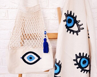 Evil Eye Crochet Market Bag / Eco-Friendly Crochet Net Bag / Shopping Mesh Bag / Wiederverwendbare Produkte Tasche / Makramee Net Bag / String Shopper Bag