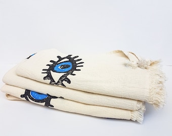 Organic Turkish Cotton Beach Towel: Blue Evil Eye Design