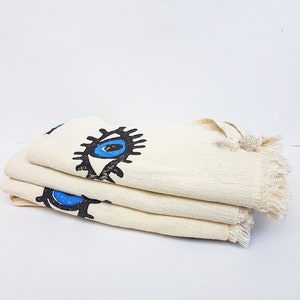 Organic Turkish Cotton Beach Towel: Blue Evil Eye Design