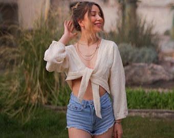 Beige Cotton Crop Top: Double Gauze Tie Front Blouse