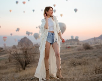 Handmade Frayed Cotton Maxi Kimono: Boho Festival Kaftan