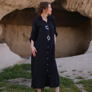Black Shirt Dress, Crinkle Cotton Midi Shirt Dress, Long Shirt Dress, Short Sleeve Shirt, Casual Dress Shirt Women, Black Button Down Dress