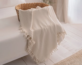 Cream Throw Blanket | Queen and King size Bed Blanket | Neutral Cream Bedding | Organic Cotton Throw Blanket | Soft Twin Size Blanket