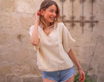 V Neck Muslin Blouse Top For Women | Double Gauze Cotton Crop Top | Beige Oversized Boxy Gauze Top | Organic Cotton Summer Blouse