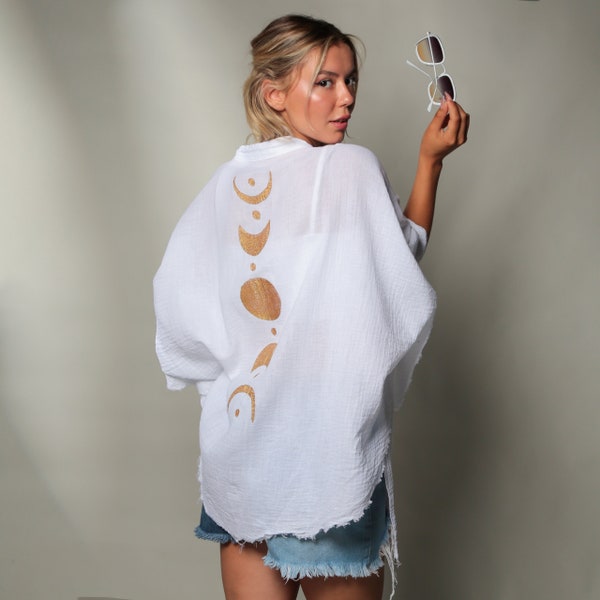 Double Gauze Moon Phases Cotton Muslin Kimono Jacket Celestial Moon Double Gauze Dress Women Cardigan Jacket White Cotton Double Gauze Top