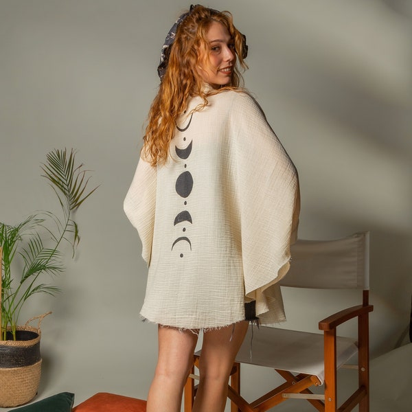 Celestial Moon Phases Muslin Kimono, Organic Cotton Dress, Double Gauze Muslin Homewear, Short Kimono Robe, Bohemian Muslin Dress