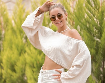 Organic Cotton Off Shoulder Crop Top: Bohemian Crinkle Muslin