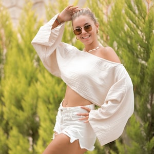 Off Shoulder Long Sleeve Crop Top, Organic Cotton Top, Summer Crop Top, Yoga Crop Top Women