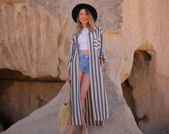 Striped Long Sleeve Shirt Dress With Pockets, Women's Linen Shirt Dress Maxi, Long Linen Cover Up, Long Shirt Dress